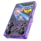 Handheld gaming console with purple casing displaying a racing game on screen.