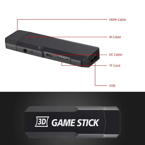 Black game stick with labeled ports on a white background, followed by a close-up of the '3D Game Stick' logo.