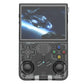 Handheld gaming console with screen displaying a space-themed game on a white background