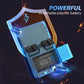 Detachable polymer battery with glowing blue elements on a dark background