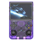 Handheld gaming console with purple casing and screen displaying a space-themed game.