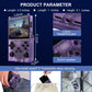 Handheld gaming console with specifications and usage scenarios on a blue background