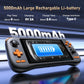 Handheld gaming console with 5000mAh battery display on a blue gradient background