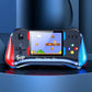 Handheld game console with colorful buttons and screen displaying a classic game on a blue background