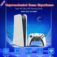 Gaming console and controller with promotional text on a blue background