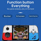 Handheld game console with features highlighted on a blue background