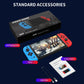 G90 video game console with packaging, host, data line, and instructions on a dark background