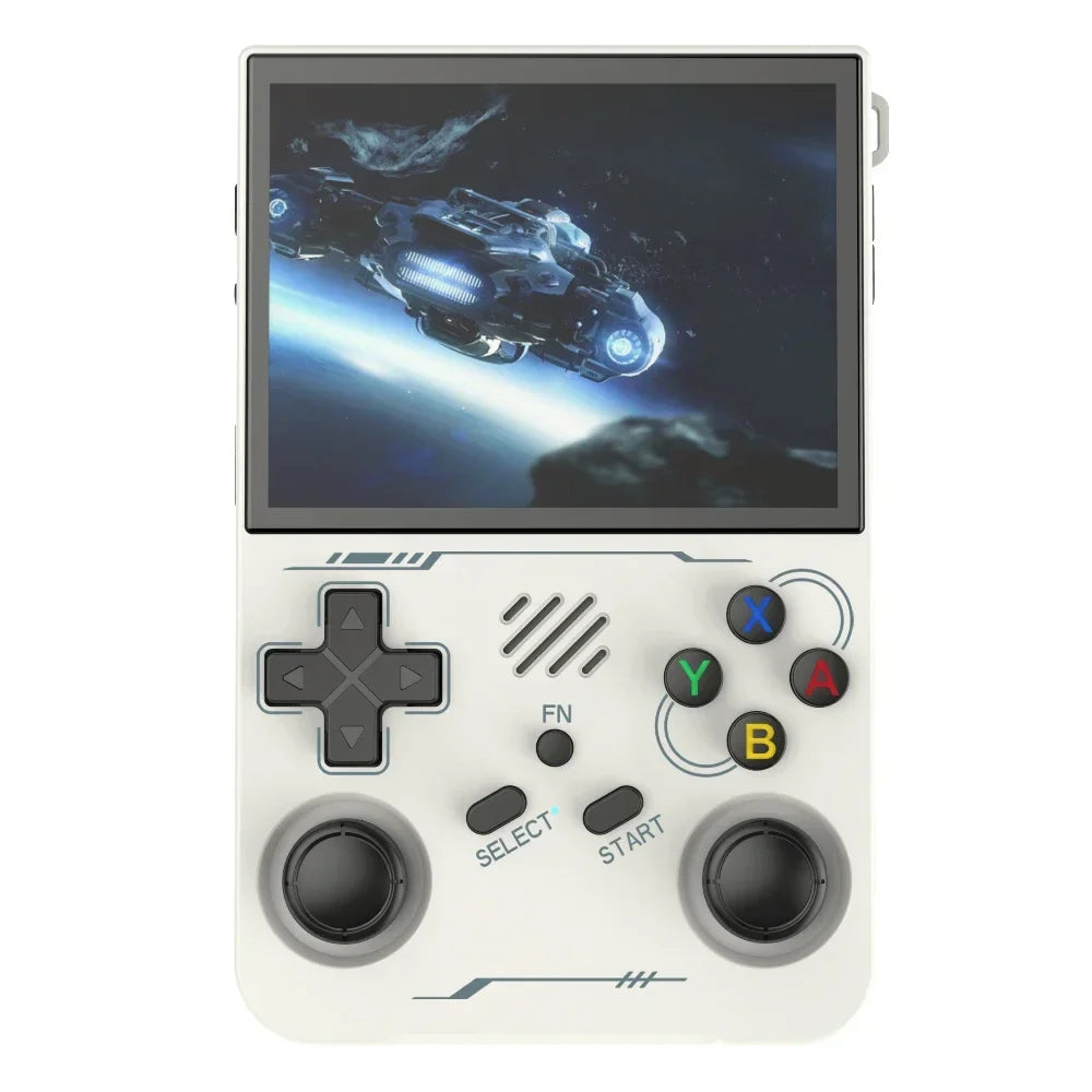 Handheld gaming console with screen displaying a space-themed game on a white background