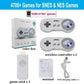 Collection of SNES/NES gaming accessories including controllers, game stick, and charging cable on a white background.
