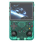 Handheld gaming console with transparent teal casing displaying a space-themed game on screen.