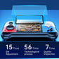 Handheld gaming console with screen magnification feature on a blue background