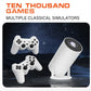 Two white gaming controllers and a white telescope on a dark background with text about games and simulators.