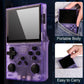 Purple handheld gaming console with text highlighting its portability and ease of carrying.