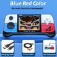 Handheld game console with screen displaying a game, including accessories like a charging cable and TV out cable on a blue background.
