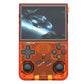 Handheld gaming console with transparent orange casing displaying a space-themed game.