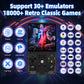 Handheld gaming console with 18000+ retro classic games and multiple game categories on a dark background.