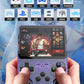 Hand holding a handheld gaming console with emulator support displayed on screen