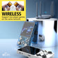 Handheld gaming console with router and wireless text overlay on a blue background