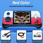 Handheld game console with screen displaying a game, charging cable, TV out cable, and an extra gamepad on a blue background.