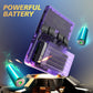 Transparent battery pack with glowing blue and green elements on a dark background