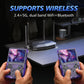 Two hands holding wireless gaming devices with a router and coffee cup in the background.