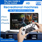 Person holding a gaming controller in front of a screen displaying a game interface with text about recreational machines and 4K output.