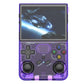 Handheld gaming console with purple casing displaying a space-themed game on screen.