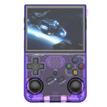 Handheld gaming console with purple casing displaying a space-themed game on screen.