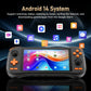 Handheld gaming device with Android 14 System features on a dark background