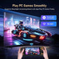 Gaming setup with a TV displaying a futuristic car game and a handheld gaming console.