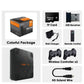 Collection of electronic components and accessories including a box, memory card, USB receiver, wall charger, remote control, game console, wireless controllers, and HD extend wire on a white background.