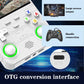 Gaming controller with OTG conversion interface features on a blue and black background
