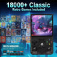 Handheld gaming console with 18000+ classic retro games displayed on a blue cityscape background.