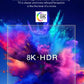 Promotional image for 8K HDR technology with colorful powder explosion and text on a dark blue background.