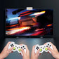 Two hands holding white gaming controllers in front of a TV displaying a racing game.