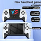 New handheld game console with screen displaying 'VS' and promotional text on a blue background