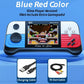 Handheld game console with screen displaying a game, charging cable, and TV out cable on a blue background.