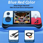 Handheld game console with screen displaying a game, charging cable, and TV out cable on a blue background.