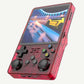 Handheld gaming console with a red casing displaying a racing game on screen.