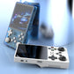 Handheld gaming console with a transparent blue casing on a light blue background