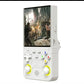 Handheld game console with a screen displaying a video game scene on a white background