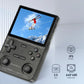 Handheld gaming console with IPS screen displaying a game, on a light gray background.