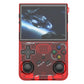 Handheld gaming console with red casing displaying a space-themed game on screen.
