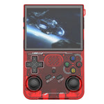 Handheld gaming console with red casing displaying a space-themed game on screen.
