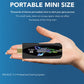 Hand holding a small gaming console with text about its portable size and pre-loaded games on a blue background.