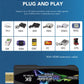 Gaming console adapter with compatibility icons on a blue background