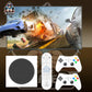 Gaming setup with TV showing a racing game, gaming console, remote control, and controllers on a brown background.