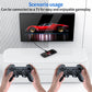 Two hands holding gaming controllers with a TV displaying a red car, connected by a cable.