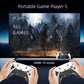 Portable game player with two controllers displaying a fantasy game scene on a screen.